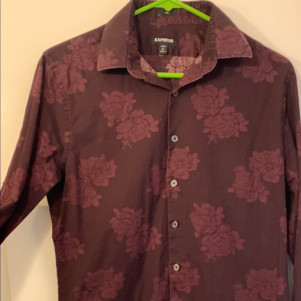 Express Men's Floral Button-Up Shirt - Burgundy